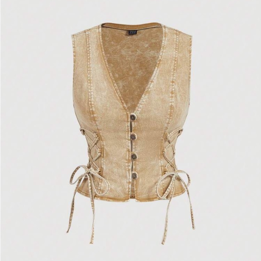 Tan Vintage Wash Lace-Up Button Front Crop Vest sz 1XL NWT BOHO Western Cowgirl